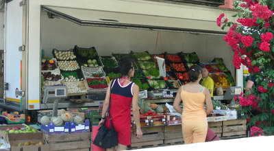 A large roadside fruit and veg stall