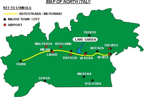 Map of North Italy showing airports near Lake Garda