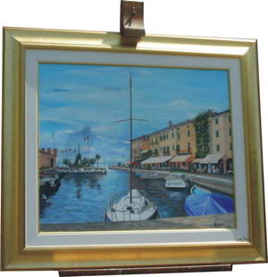 Painting of the harbour at Lazise Painting of the harbour at Lazise