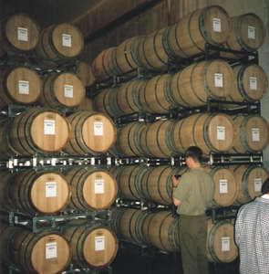 Barrels of wine in the factory