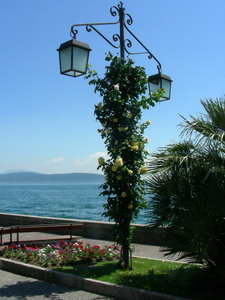 A lampost typically draped with flowers
