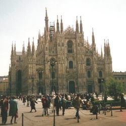 The massive and very impressive Gothic Cathedral in Milan